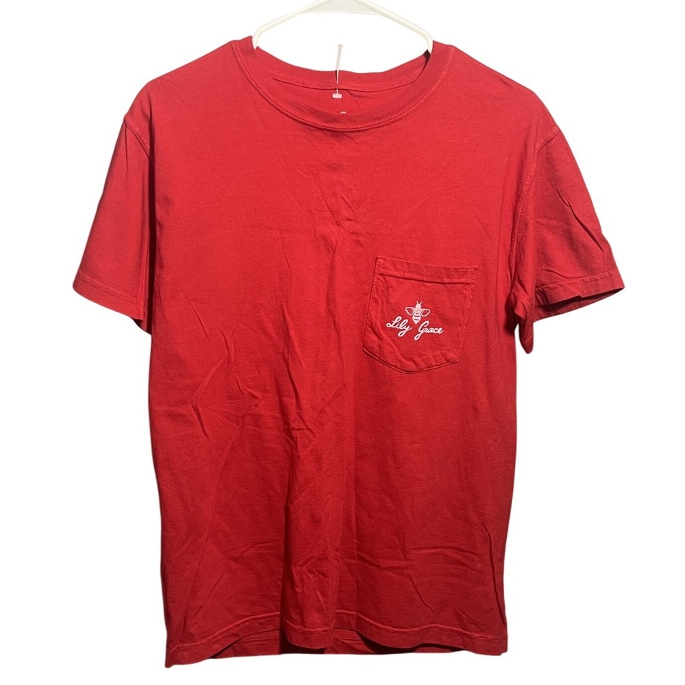 Lily Grace Red Bulldog Cheer‎ Graphic Pocket T-Shirt Women's Size S Short Sleeve
